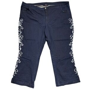 Denim 24/7 Women's Jeans Size 32W Blue Floral Embroidered Plus Size Cropped‎